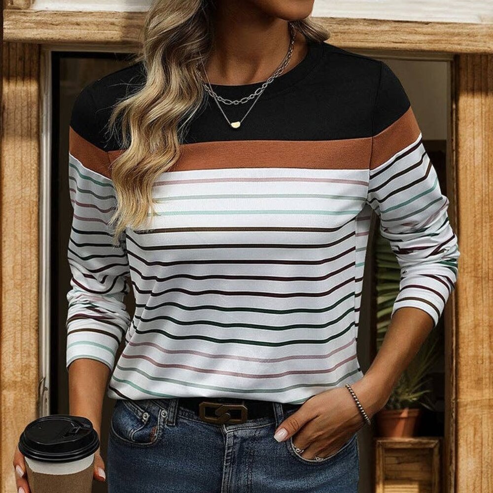 Crew Neck Colored Striped Contrast Long Sleeve Top